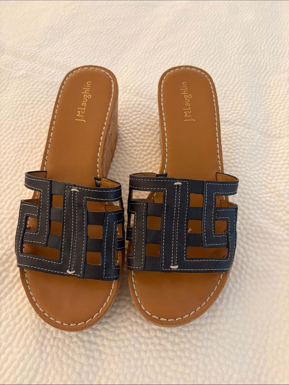 J. McLaughlin Navy Cutout Leather Slide Mules